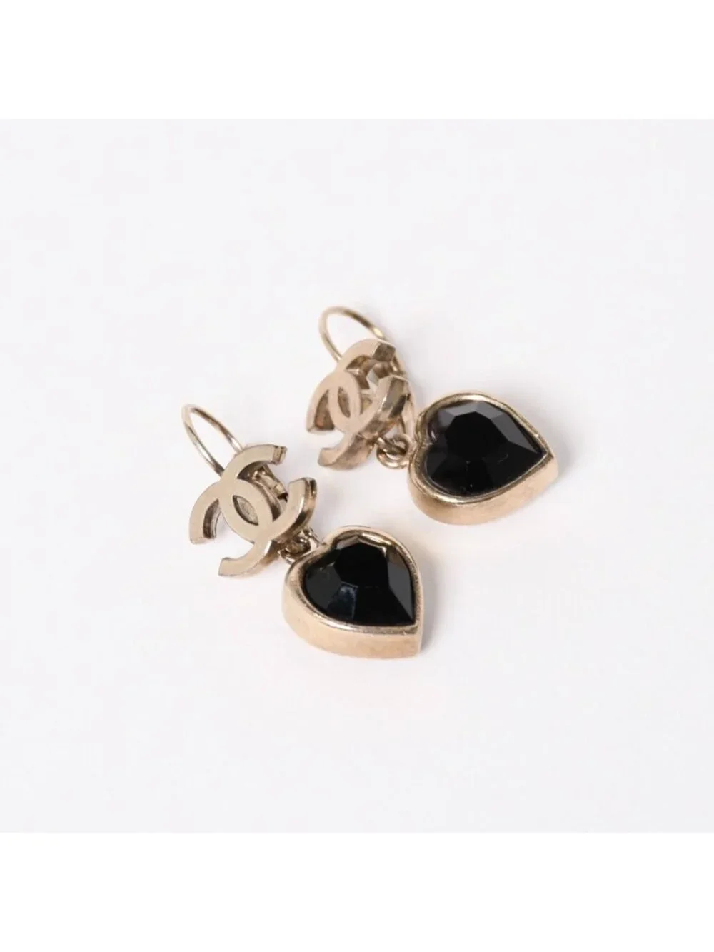 Chanel Earrings CC Logo Heart Black Silver 06